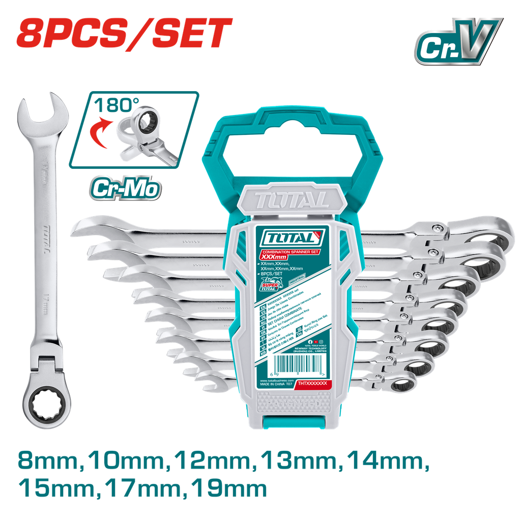 LLAVE MIXTA CON RACHE FLEXIBLE 8 - 19 MM JUEGO X 8 PZS SUPER SELECT TOTAL (THT102RK586)