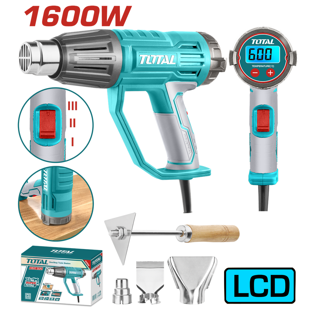 PISTOLA CALOR CON TEMPERATURA AJUSTABLE PANTALLA LCD 1600W  INCLUYE 3 BOQUILLAS Y 1 RASCADOR  INDUSTRIAL TOTAL (UTB16056)