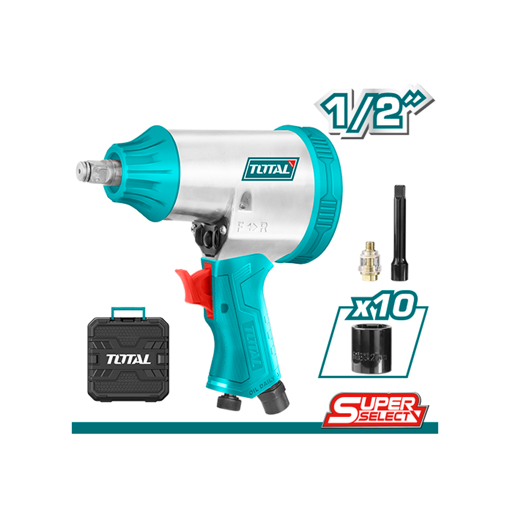 PISTOLA IMPACTO 1/2 NEUMATICA INCLUYE 10 COPAS CAJA PLASTICA SUPER SELECT TOTAL (TAT41125)