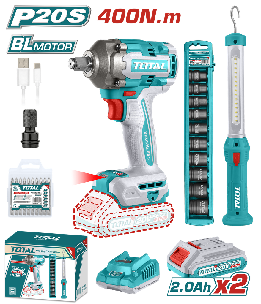 PISTOLA IMPACTO INALAMBRICA 1/2 20V 400 NM INCLUYE 2 BATERIAS 1 CARGADOR 1 LAMPARA DE TRABAJO 1 ADAPTADOR , COPAS Y 10 PUNTAS TALADRO SUPER TOTAL (UTOSLI23048)