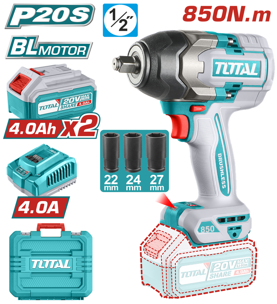 PISTOLA IMPACTO INALAMBRICA 1/2" 20V 850 NM INCLUYE 2 BATERIAS 1 CARGADOR INDUSTRIAL SUPER TOTAL (UTIWLI2085)