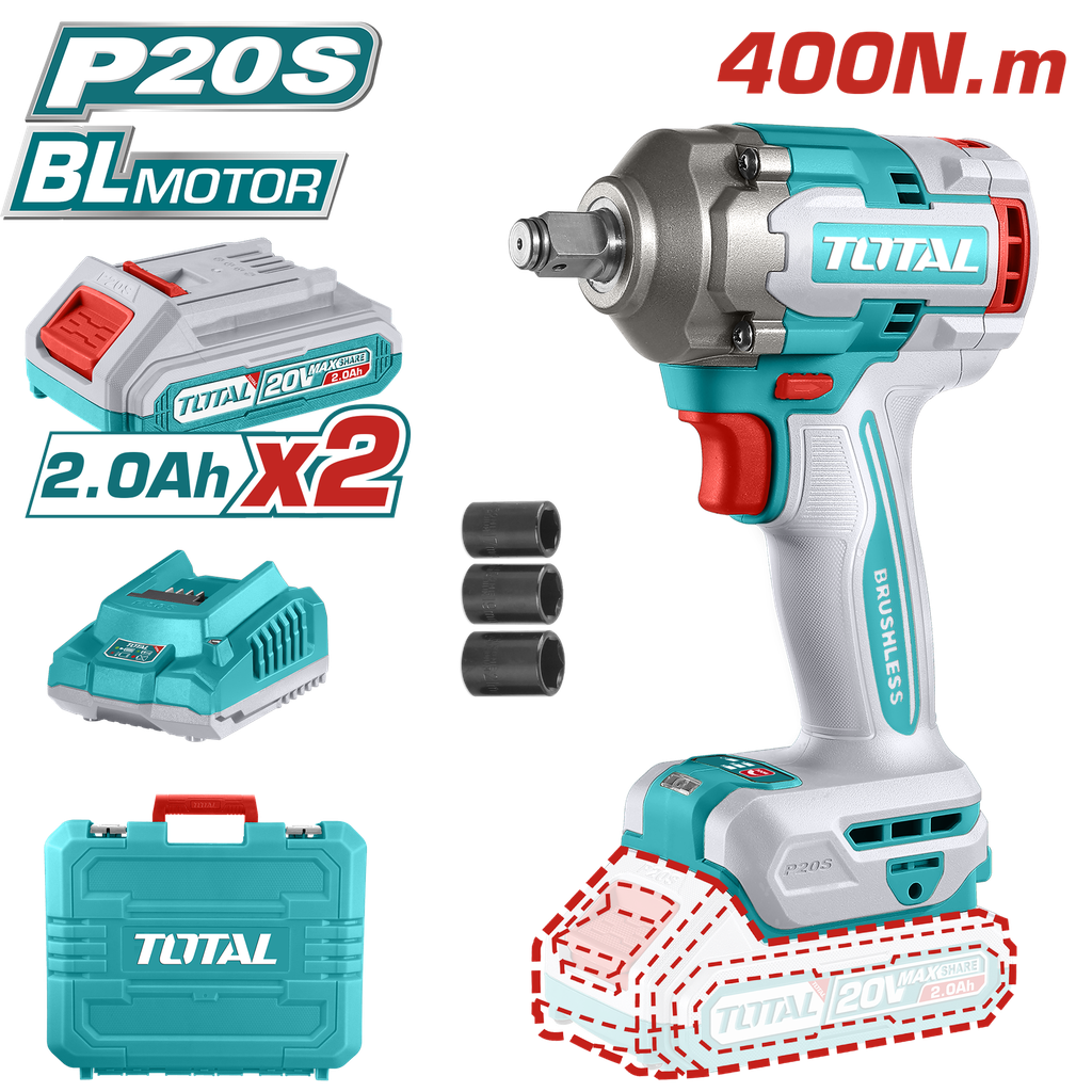 PISTOLA IMPACTO INALAMBRICA 1/2 20V 400 NM INCLUYE 2 BATERIAS 1 CARGADOR Y 3 COPAS 17,19,21 MM INDUSTRIAL TOTAL (UTIWLI2040)