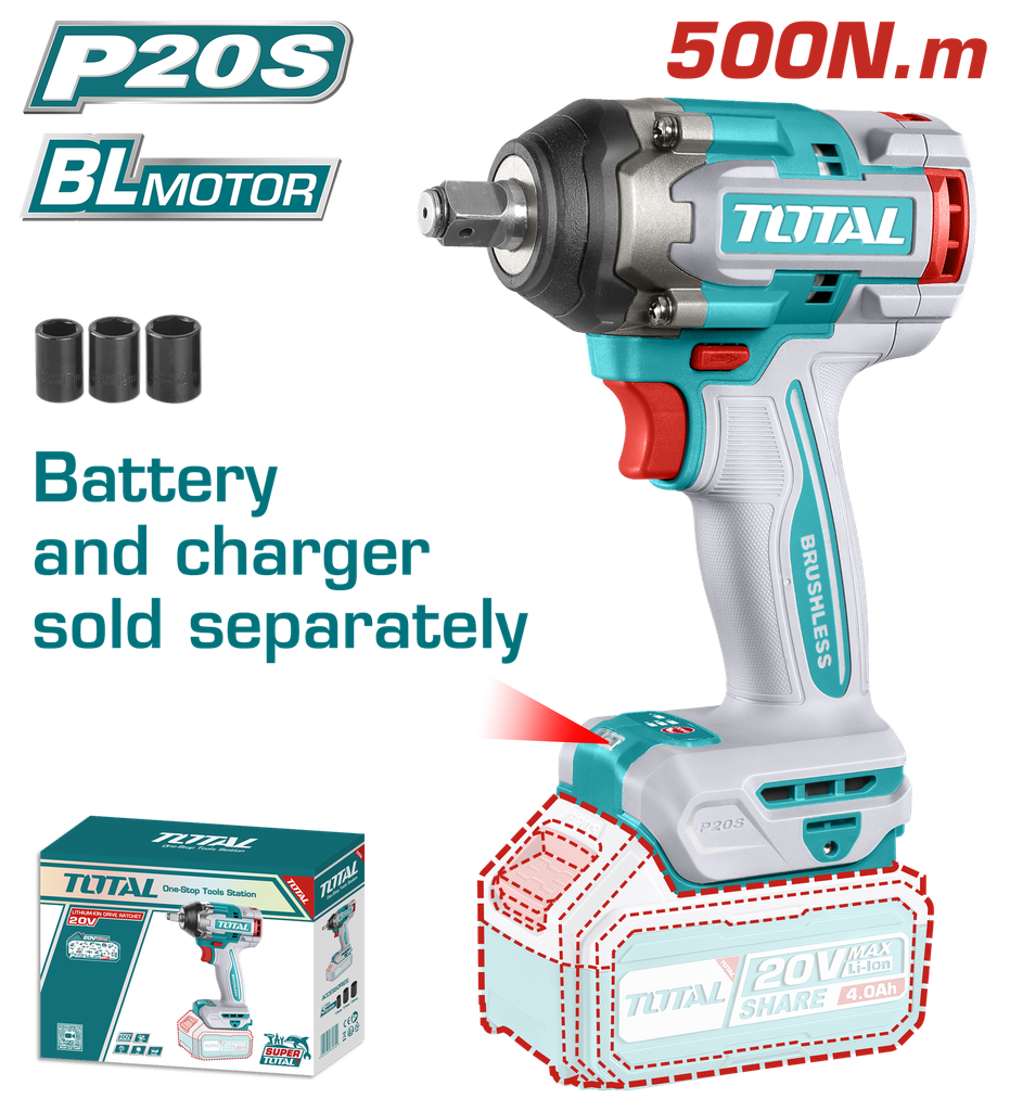 PISTOLA IMPACTO INALAMBRICO 1/2 20V 500 N.M   BATERIA Y CARGADOR SE VENDEN POR SEPARADO  SUPER TOTAL (TIWLI20501)