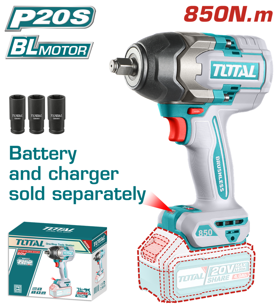 PISTOLA IMPACTO INALAMBRICO 1/2 20V 850 NM BATERIA Y CARGADOR SE VENDEN POR SEPARADO SUPER TOTAL (TIWLI20851)