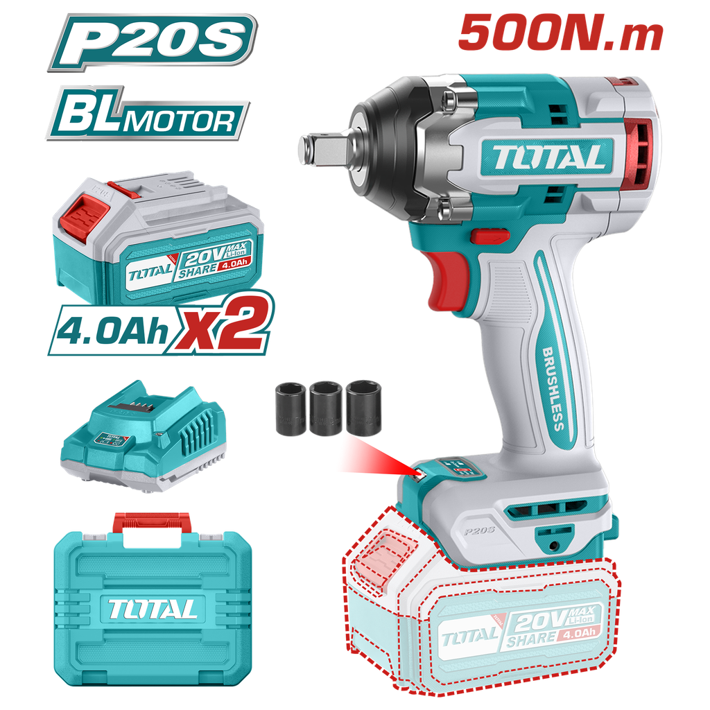 PISTOLA IMPACTO INALAMBRICO 1/2 20V 500 N.M INCLUYE 2 BATERIAS 1 CARGADOR SUPER TOTAL (UTIWLI2050)