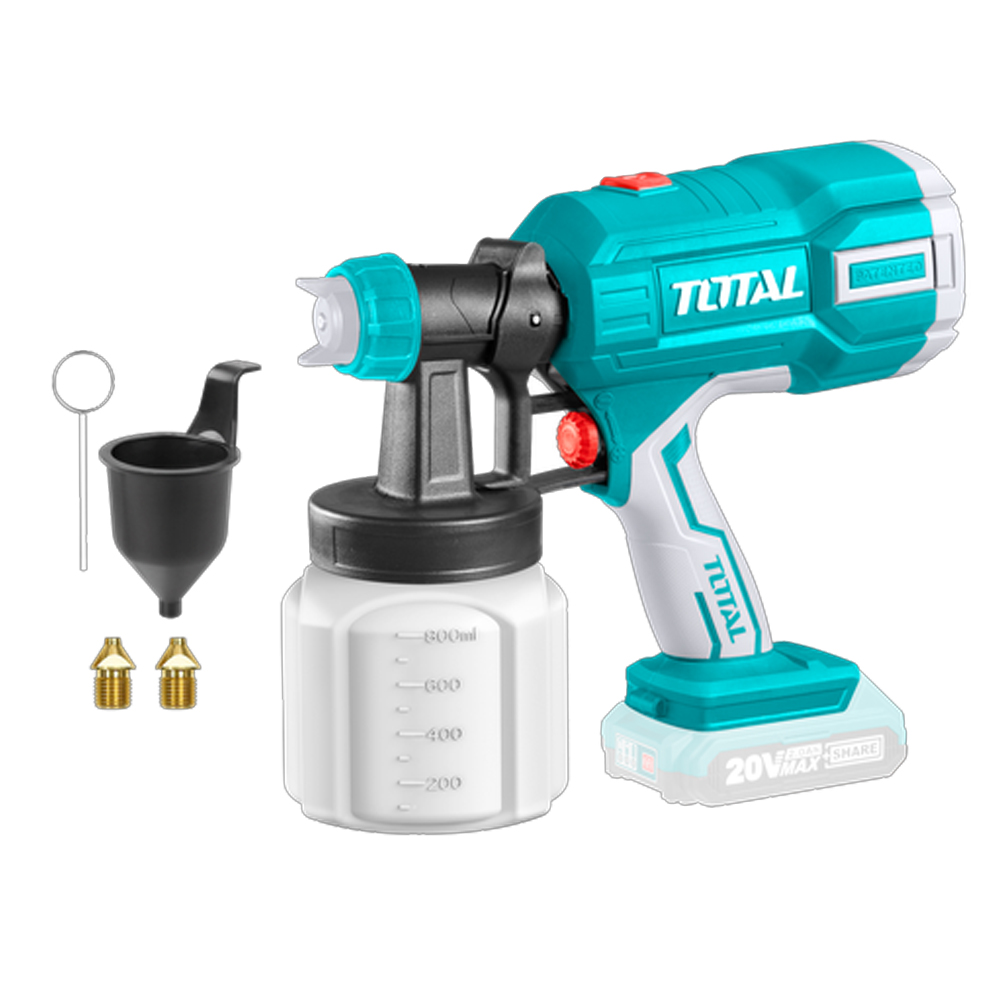 PISTOLA PINTAR INALAMBRICA 800ML 20V INCLUYE AGUJA DE LIMPIEZA Y DOS BOQUILLAS, BATERIA Y CARGADOR NO INCLUIDO TOTAL (TSGLI2003)