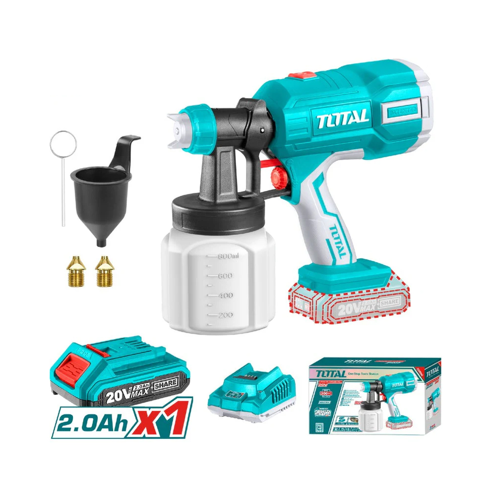PISTOLA PINTAR INALAMBRICA 800ML 20V INCLUYE BATERIA 20V, CARGADOR, AGUJA DE LIMPIEZA Y DOS BOQUILLAS, TOTAL (UTSGLI20406)
