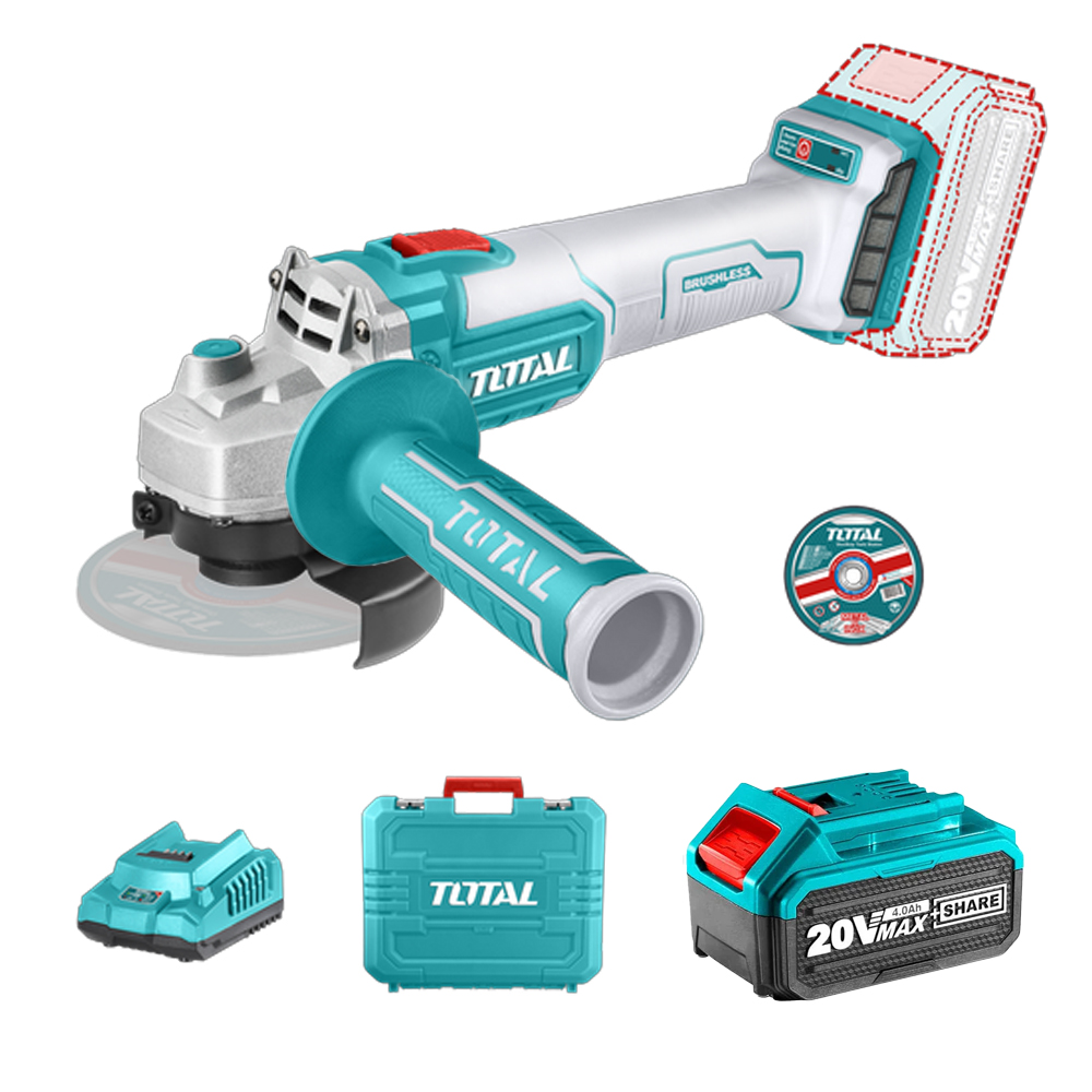 PULIDORA INALAMBRICA 4 1/2 INDUSTRIAL 20 V 1200W INCLUYE BATERIA 4.0 AH, CARGADOR Y 10 DISCOS, MOTOR SIN ESCOBILLAS TOTAL (UTAGLI2011587)