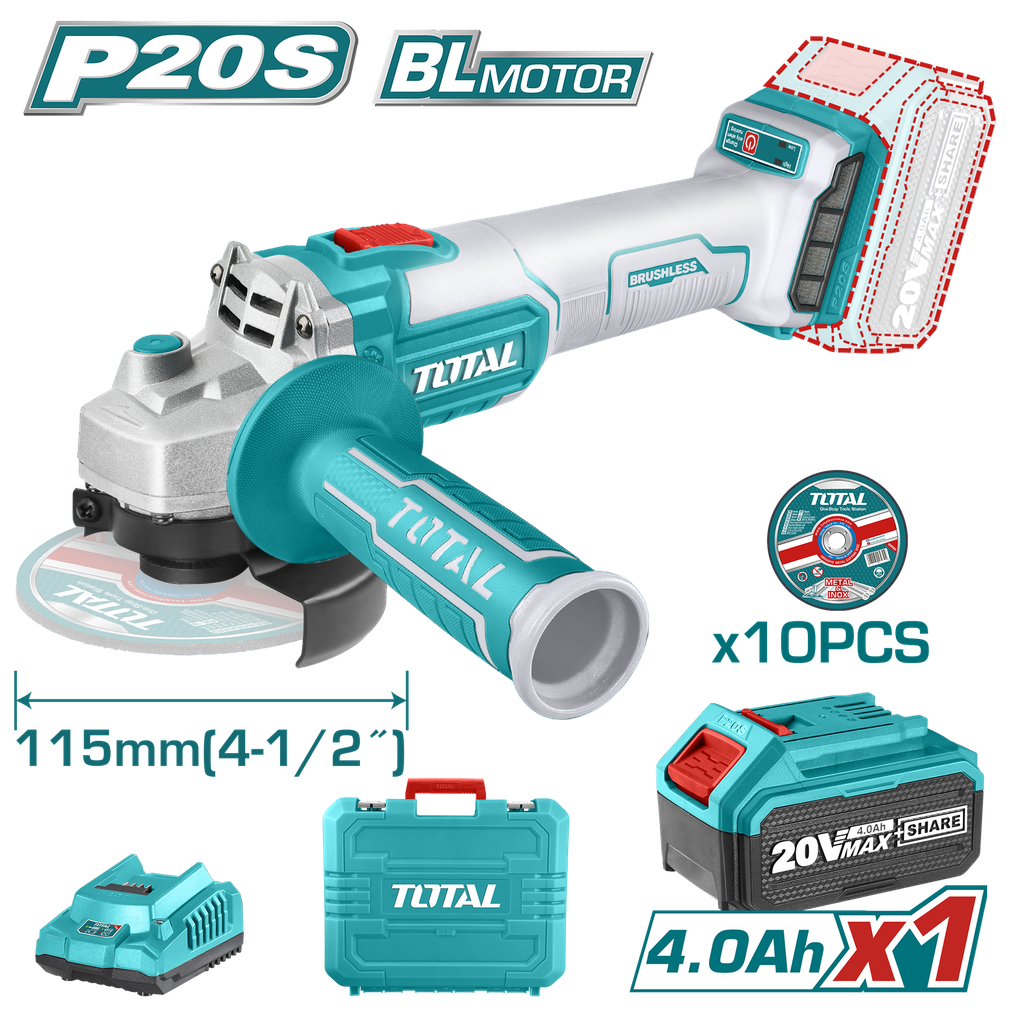 PULIDORA INALAMBRICA 4 1/2 INDUSTRIAL 20 V 1200W INCLUYE BATERIA 4.0 AH, CARGADOR Y 10 DISCOS, MOTOR SIN ESCOBILLAS TOTAL (UTAGLI2011587)