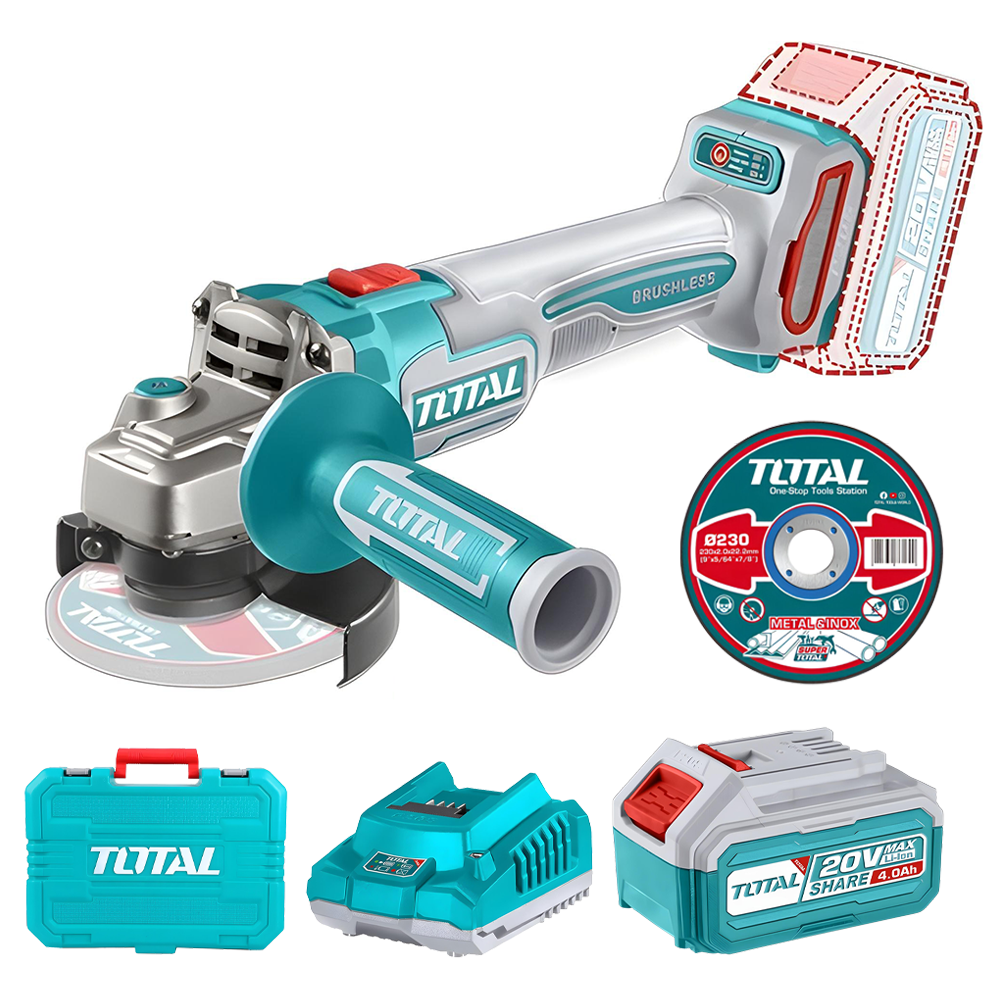 PULIDORA INALAMBRICA 4 1/2 INDUSTRIAL 20V 900W INCLUYE 10 DISCOS PARA CORTE DE METAL 1 BATERIA Y CARGADOR INDUSTRIAL, MOTOR SIN ESCOBILLAS TOTAL (UTAGLI211541)