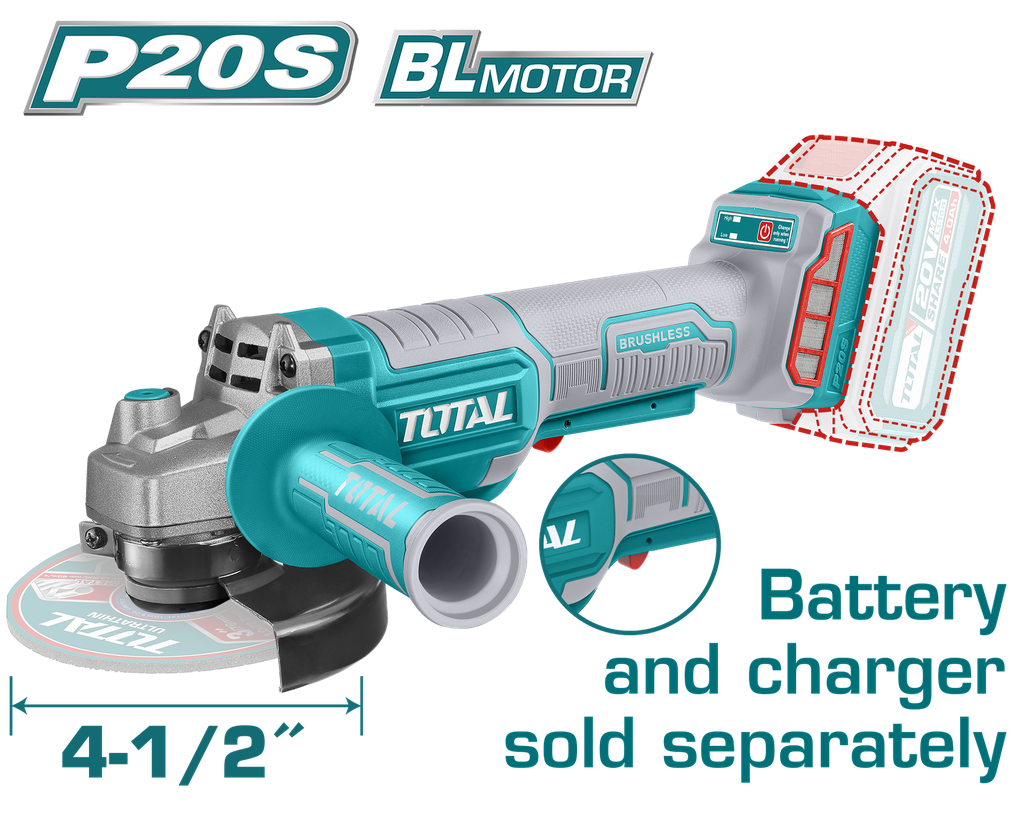 PULIDORA INALAMBRICA 4 1/2 SUPER SELECT 20V BATERIA Y CARGADOR NO INCLUIDO TOTAL (UTAGLI211156)