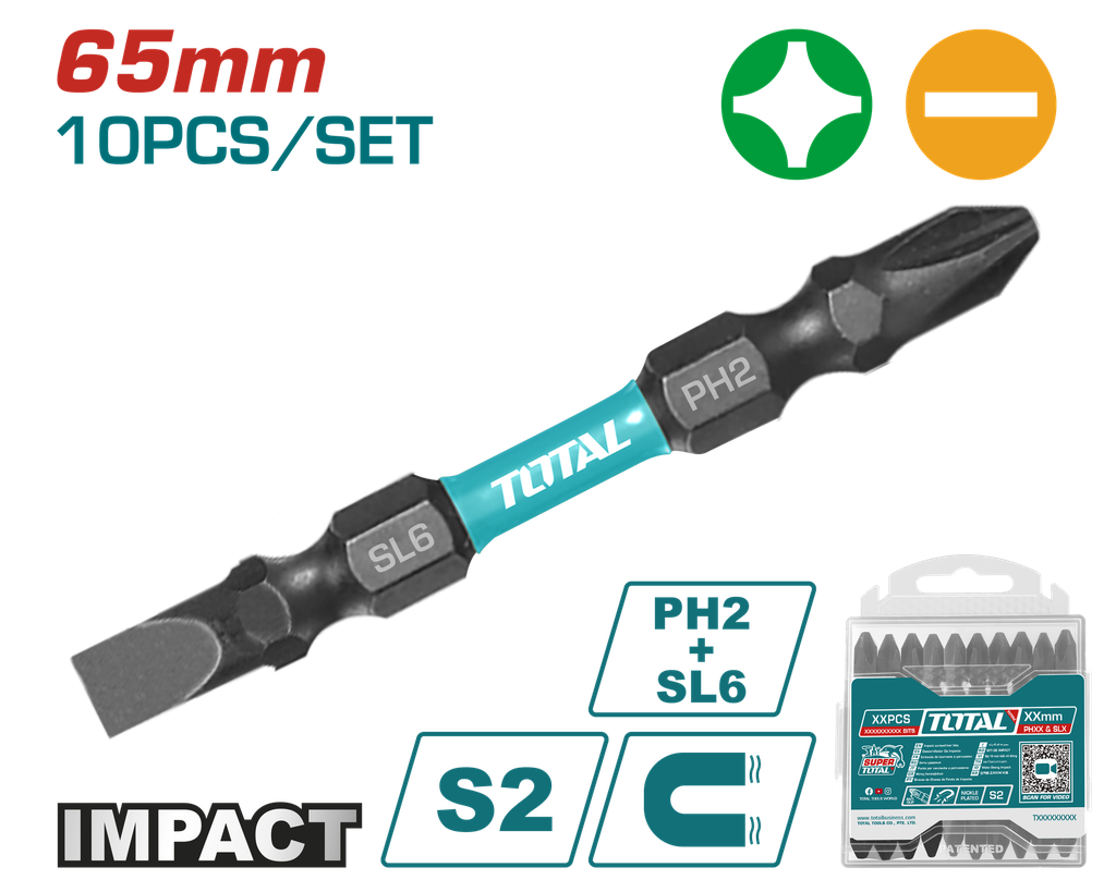 PUNTAS TALADRO INDUSTRIAL DOBLE PUNTA IMANTADA 65MM (+) (-) JUEGO X 10 PZS INDUSTRIAL  SUPER TOTAL (TACIM16HL133)