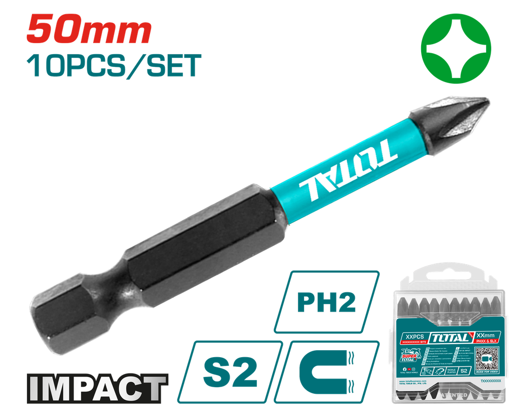 PUNTAS TALADRO INMANTADAS DE IMPACTO (+) 50MM X 10 PZS INDUSTRIAL TOTAL (TACIM16PH223)