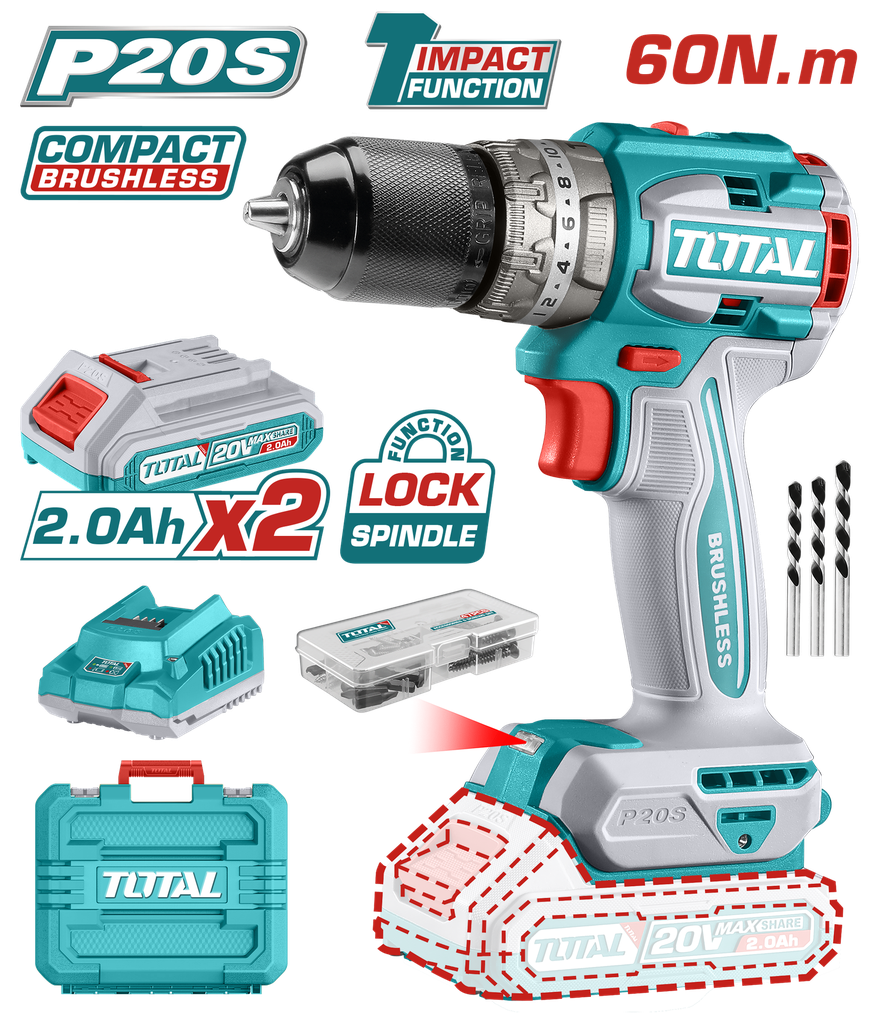 TALADRO DE IMPACTO INALAMBRICO 1/2 20V INCLUYE 2 BATERIA DE 2.0AH, CARGADOR,47 ACCESORIOS,3 BROCAS CONCRETO TOTAL (UTIDLI20602)