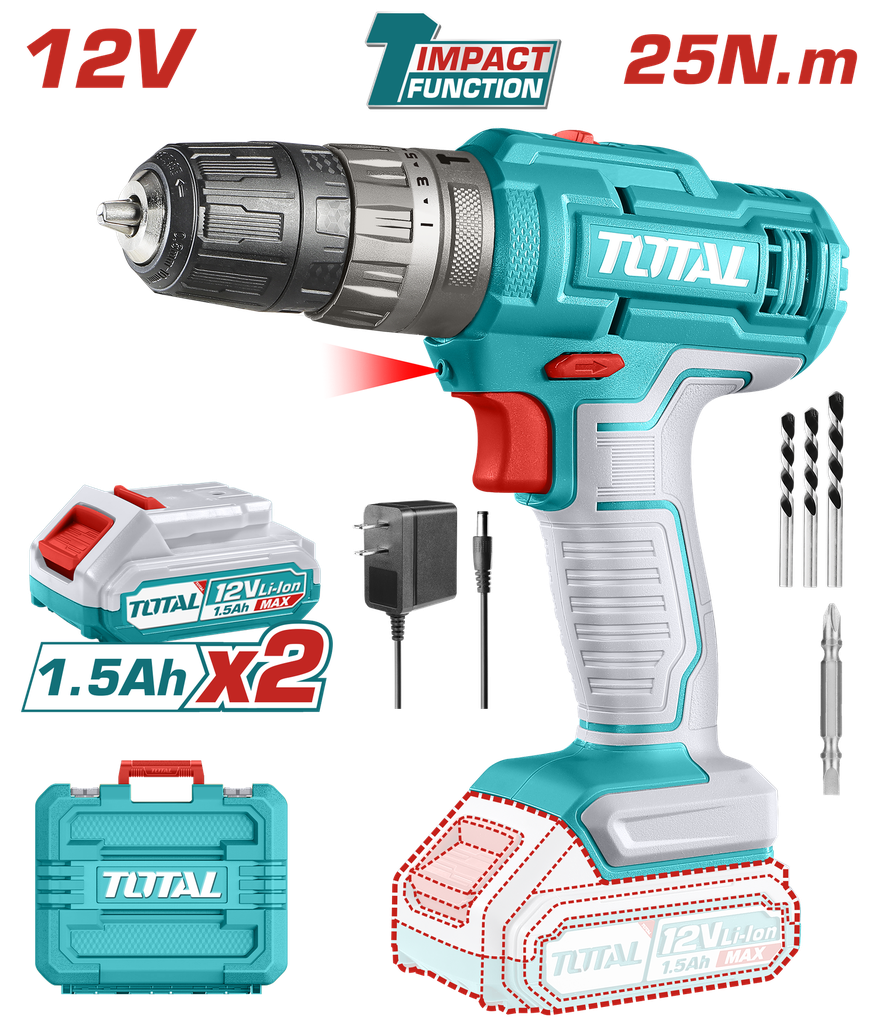 TALADRO DE IMPACTO INALAMBRICO 3/8" 12V INCLUYE 2 BATERIAS, 1 CARGADOR, 3 BROCAS Y  1 PUNTA TALADRO (+)(-) SUPER TOTAL (UTIDLI1228)