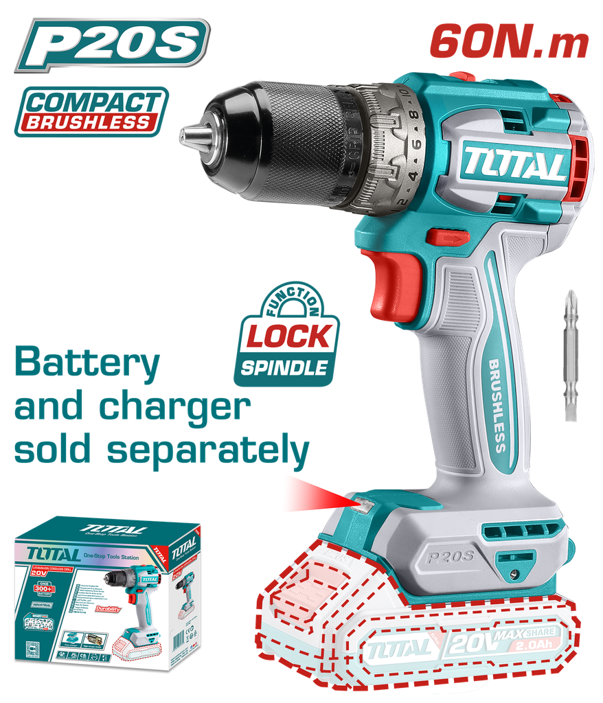 TALADRO INALAMBRICO 1/2 20V CARGADOR Y BATERIA NO INCLUIDO SUPER TOTAL (TDLI206021)