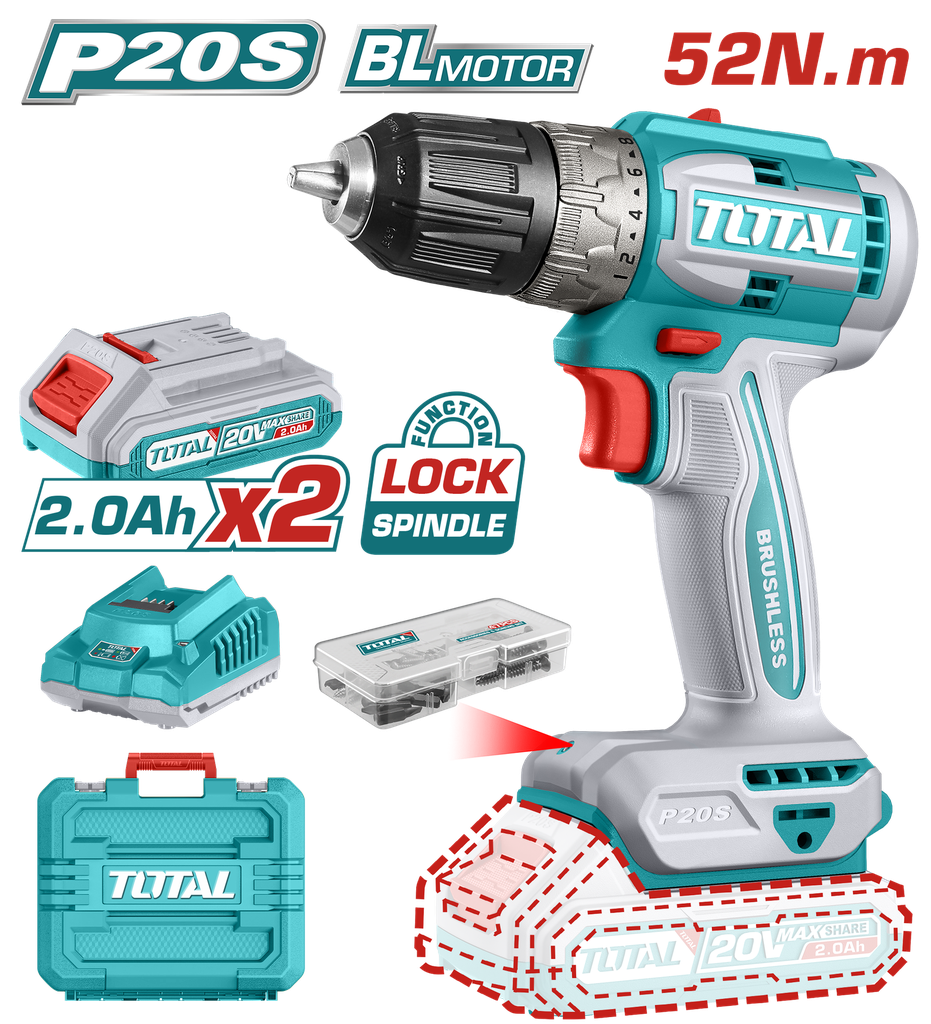 TALADRO INALAMBRICO 1/32 3/8" 20V 52NM INCLUYE 2 BATERIA DE 2.0AH, CARGADOR,47 ACCESORIOS TOTAL (UTDLI20453)