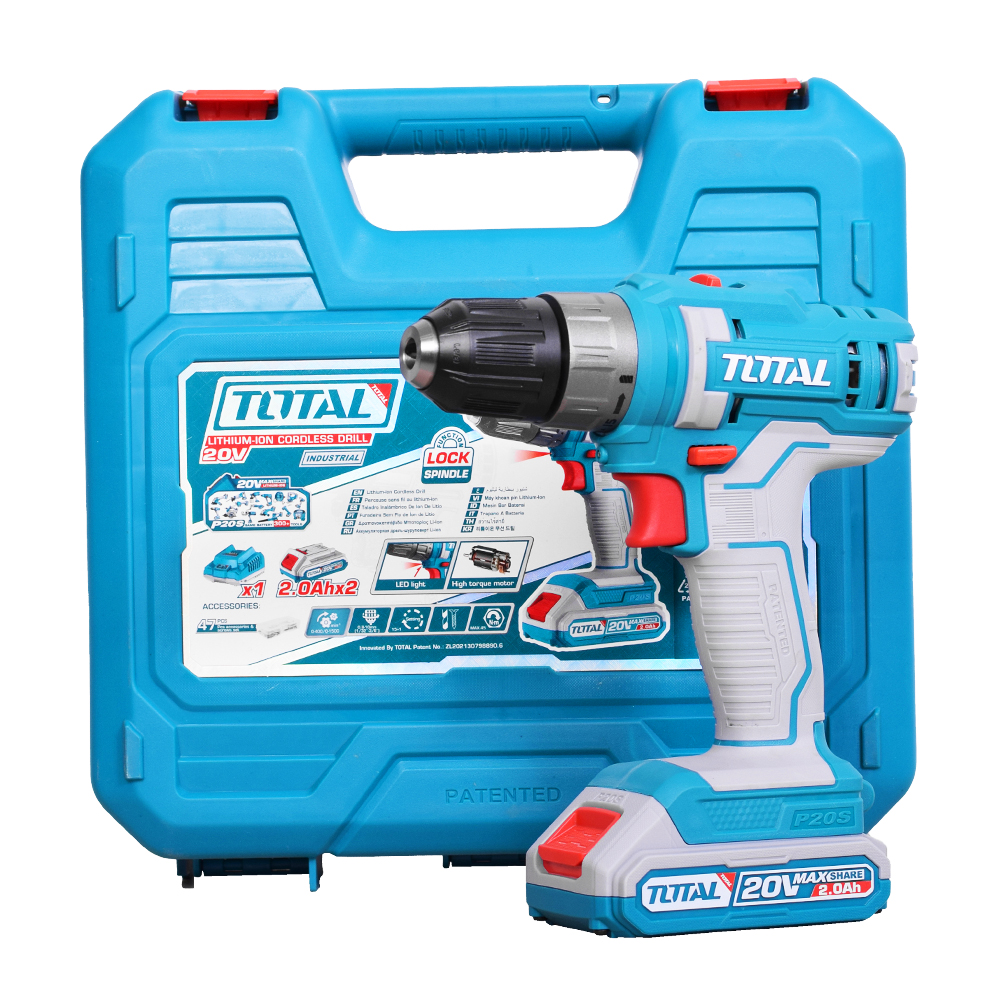 TALADRO INALAMBRICO 1/32/3/8" 20V INCLUYE 2 BATERIA 2.0Ah, 1CARGADOR Y 47 ACCESORIOS CAJA PLASTICA INDUSTRIAL TOTAL(UTDLI200528)