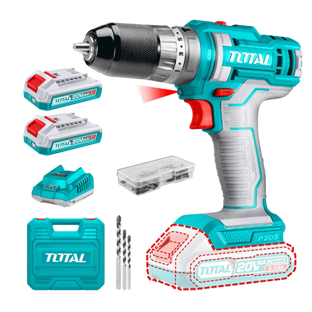 TALADRO INALAMBRICO 1/32/3/8" 20V INCLUYE 2 BATERIA 2.0Ah, 1CARGADOR Y 50 ACCESORIOS CAJA PLASTICA INDUSTRIAL TOTAL(UTIDLI201452)