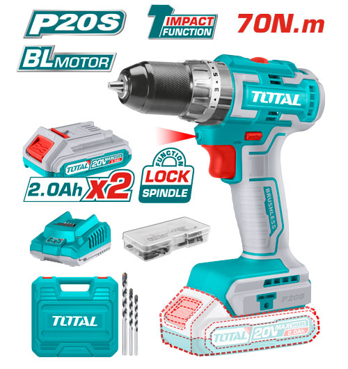 TALADRO INALAMBRICO 2-13" 20V INCLUYE 2 BATERIA 2.0Ah, 1CARGADOR Y 50 ACCESORIOS MOTOR SIN ESCOBILLAS CAJA PLASTICA INDUSTRIAL TOTAL(UTIDLI20605