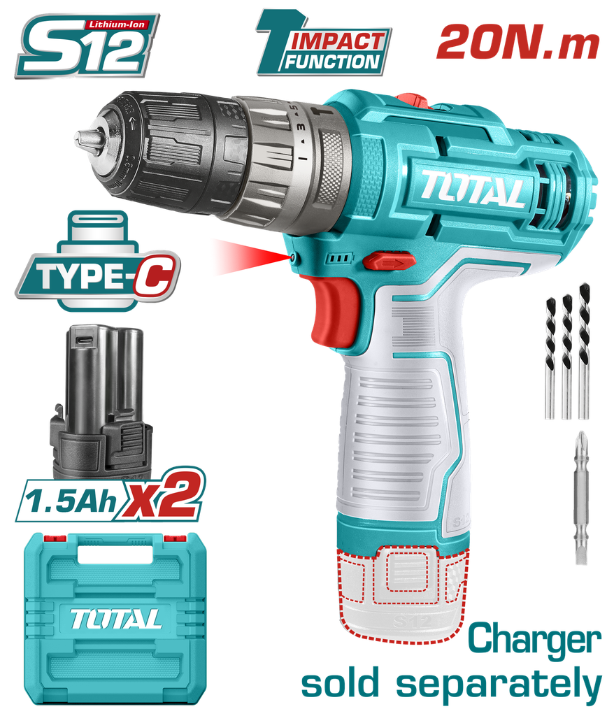 TALADRO INALAMBRICO 3/8 12V INCLUYE 2 BATERIAS 1.5 AH SUPER TOTAL  (TIDLI12202)