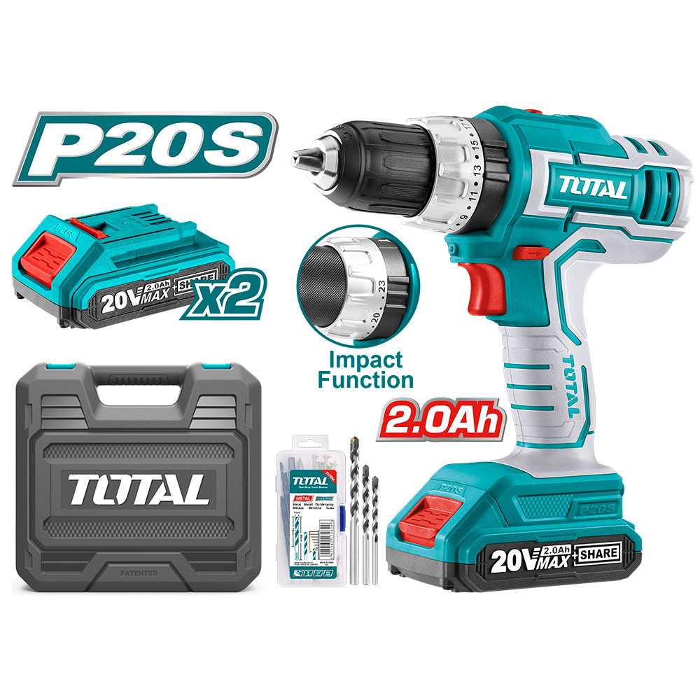 TALADRO INALAMBRICO PERCUTOR 1/2 INDUSTRIAL CAJA PLASTICA INCLUYE 2 BATERIAS 20V Y BROCAS TOTAL (UTIDLI20031)