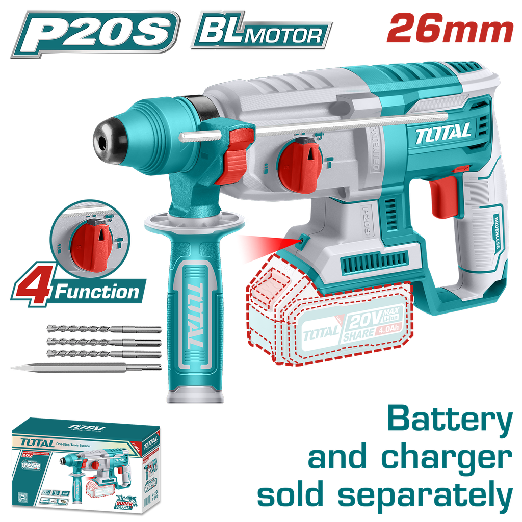 TALADRO ROTOMARTILLO 20V SDS PLUS 2.5 JULES  INCLUYE 3 BROCAS Y 1 CINCEL CARGADOR Y BATERIA NO INCLUIDO SUPER TOTAL (TRHLI20228)