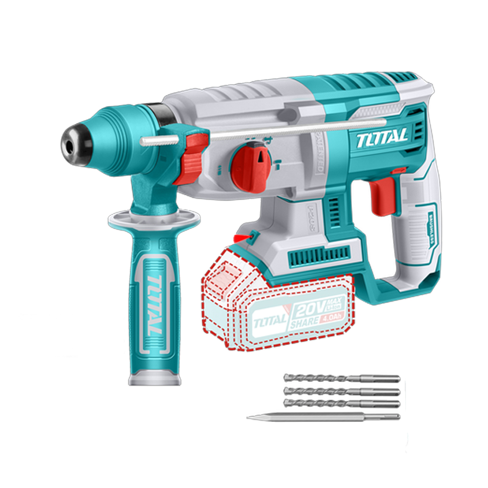 TALADRO ROTOMARTILLO 20V SDS PLUS 2.5 JULES  INCLUYE 3 BROCAS Y 1 CINCEL CARGADOR Y BATERIA NO INCLUIDO SUPER TOTAL (TRHLI20228)