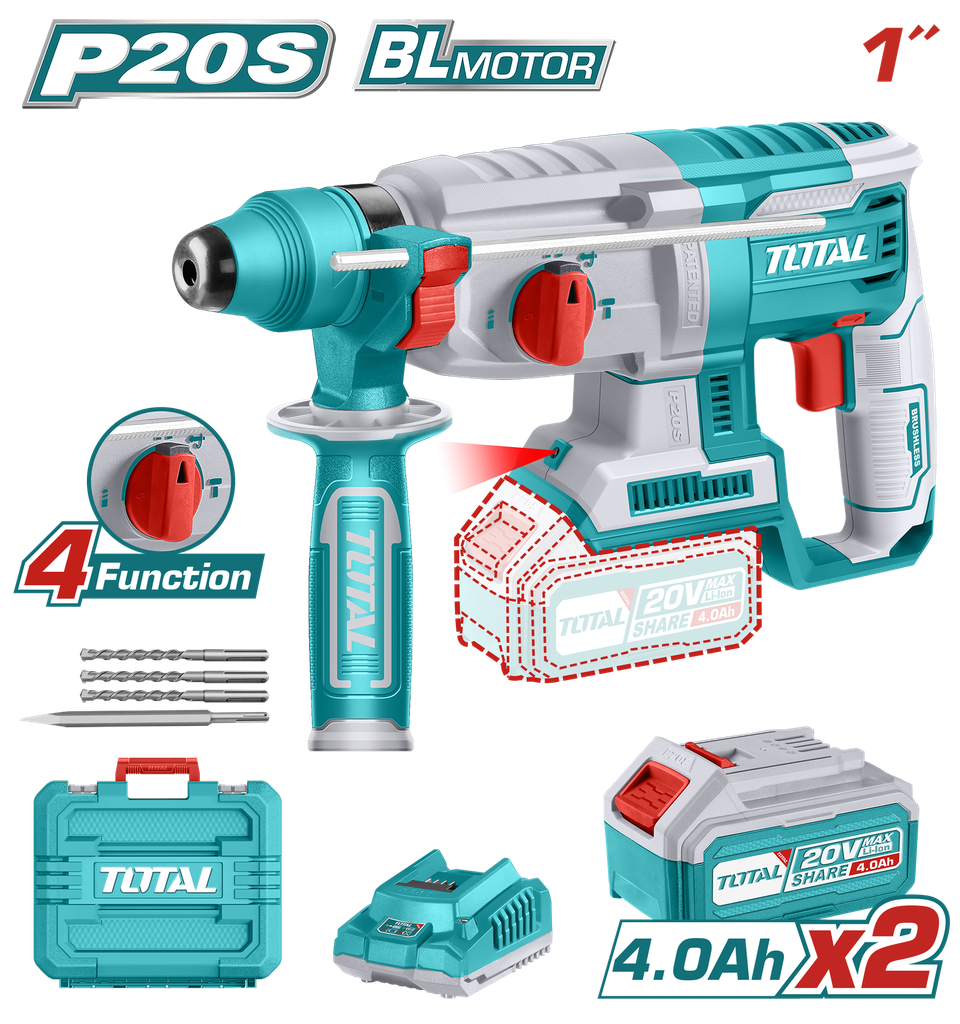 TALADRO ROTOMARTILLO 20V SDS PLUS 2.5 JULES INCLUYE 2 BATERIAS Y 1 CARGADOR SUPER TOTAL (UTRHLI202287)