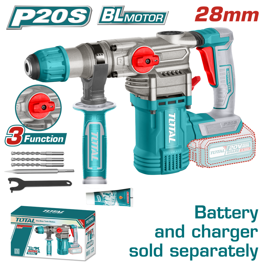 TALADRO ROTOMARTILLO SDS PLUS  4.5 JULES INCLYE ACCESORIOS CARGADOR Y BATERIA NO INCLUIDO INDUSTRIAL TOTAL (TRHLI20288)