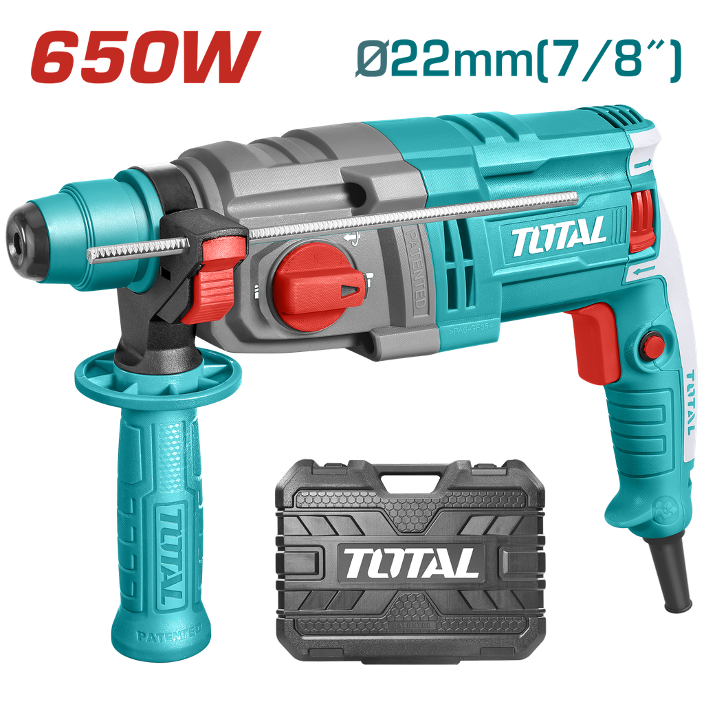 TALADRO ROTOMARTILLO SDS PLUS 650W 1,7 JOULES 110-120V INCLUYE 2 BROCAS Y 1 JUEGO DE ESCOBILLAS SUPER TOTAL (UTH306236)