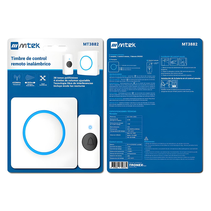 TIMBRE INALAMBRICO MTEK 38 MELODIAS (MT3882)