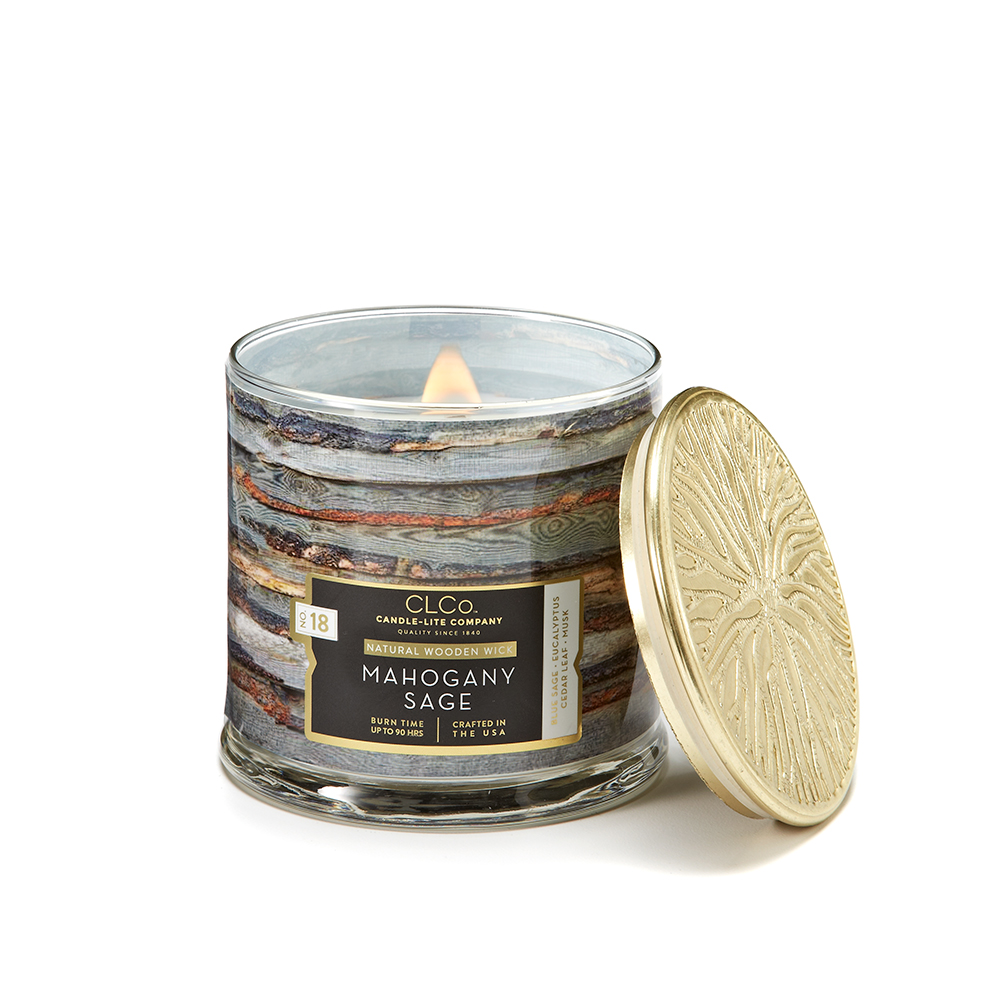 VELA 14 OZ TAPA DORADA PABILO EN MADERA MAHOGANY SAGE CANDLE LITE (4330703)