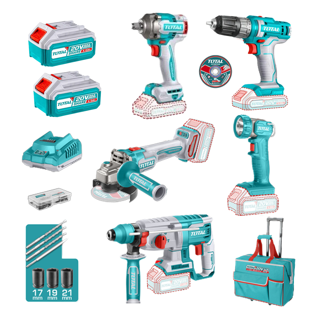 COMBO INALAMBRICO 20V TALADRO 3/8"  52NM + PISTOLA  IMPACTO 1/2" 400NM + TALADRO ROTOMARTILLO 2.5 JULES +  PULIDORA 4 1/2" + LINTERNA  INCLUYE 2 BATERIA 20V(4.0AH) INCLUYE 25 DISCOS DE CORTE Y ACCESORIOS INDUSTRIAL SUPER TOTAL (UTCKLI2058)