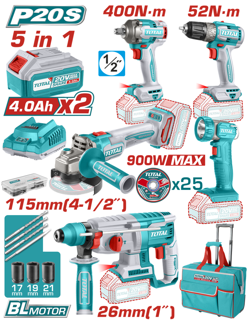 COMBO INALAMBRICO 20V TALADRO 3/8"  52NM + PISTOLA DE IMPACTO 1/2" 400NM + TALADRO ROTOMARTILLO 2,5 JULES +  PULIDORA 4 1/2" + LINTERNA  INCLUYE 2 BATERIA 20V(4.0AH) INCLUYE 25 DISCOS DE CORTE Y ACCESORIOS INDUSTRIAL SUPER TOTAL (UTCKLI2058)