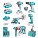 COMBO INALAMBRICO 20V TALADRO 3/8"  52NM + PISTOLA  IMPACTO 1/2" 400NM + TALADRO ROTOMARTILLO 2.5 JULES +  PULIDORA 4 1/2" + LINTERNA  INCLUYE 2 BATERIA 20V(4.0AH) INCLUYE 25 DISCOS DE CORTE Y ACCESORIOS INDUSTRIAL SUPER TOTAL (UTCKLI2058)