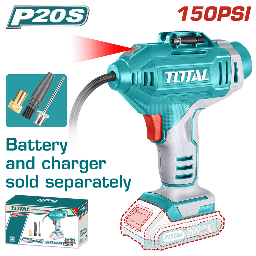 COMPRESOR MINI INALAMBRICO 20V 150PSI PARA CARRO BATERIA Y CARGADOR NO INCLUIDO SUPER TOTAL (TACLI2018)