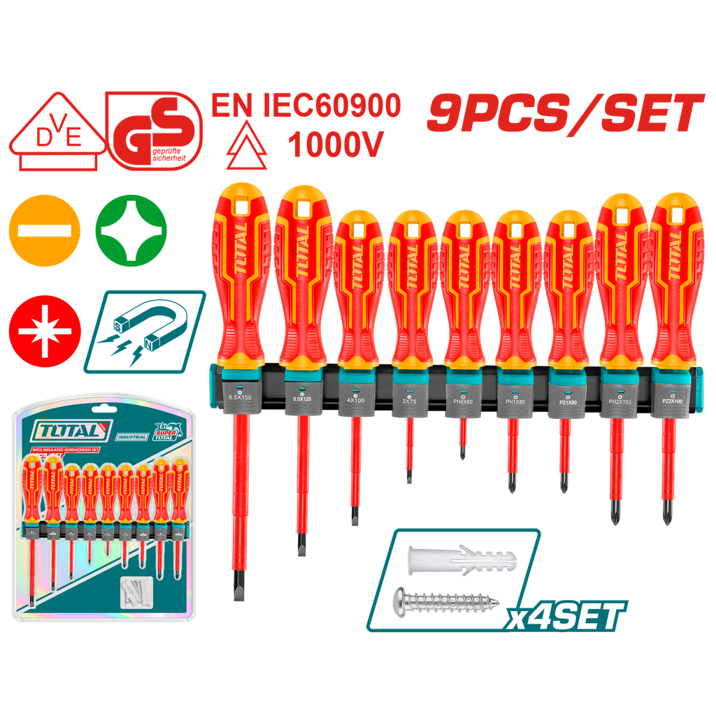 DESTORNILLADOR AISLADO 1000V INDUSTRIAL AMARILLO-ROJO JUEGO X 9 PZS  INDUSTRIAL SUPER TOTAL (THTIS596)