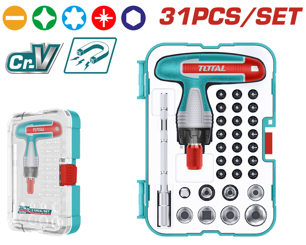 JUEGO DE DESTORNILLADORES PUNTAS INTERCAMBIABLES X 31 PZS SUPER TOTAL (TACSD30316)