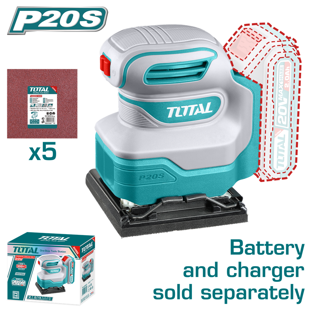 LIJADORA DE PALMA 4 3/8"X 4" INALAMBRICA 20V INCLUYE 5 LIJAS INDUSTRIAL  SUPER  TOTAL NO INCLUYE BATERIA NI CARGADOR (TSHSLI2014) 