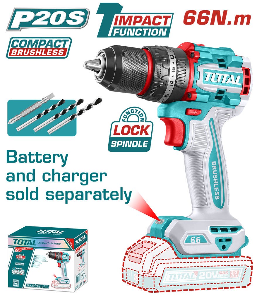 TALADRO PERCUTOR ATORNILLADOR INALAMBRICO 1/2 20V 66 NM BATERIA Y CARGADOR SE VENDEN POR SEPARADO, INCLUYE 4 ACCESORIOS INDUSTRIAL SUPER TOTAL (TIDLI206681)
