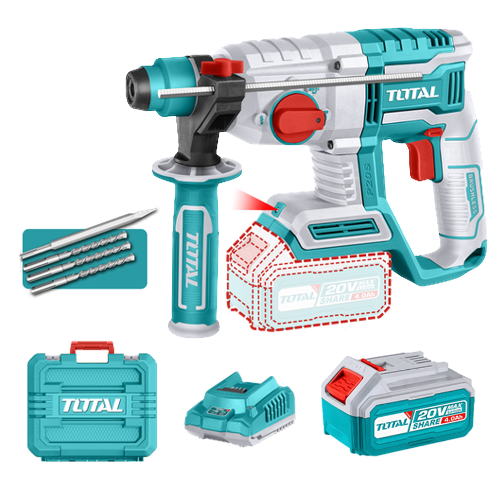 TALADRO ROTOMARTILLO 7/8"  20V SDS PLUS 2,0 JULES INCLUYE 1 BATERIA,1 CARGADOR Y 4 ACCESORIOS INDUSTRIAL  SUPER TOTAL (UTRHLI202081)