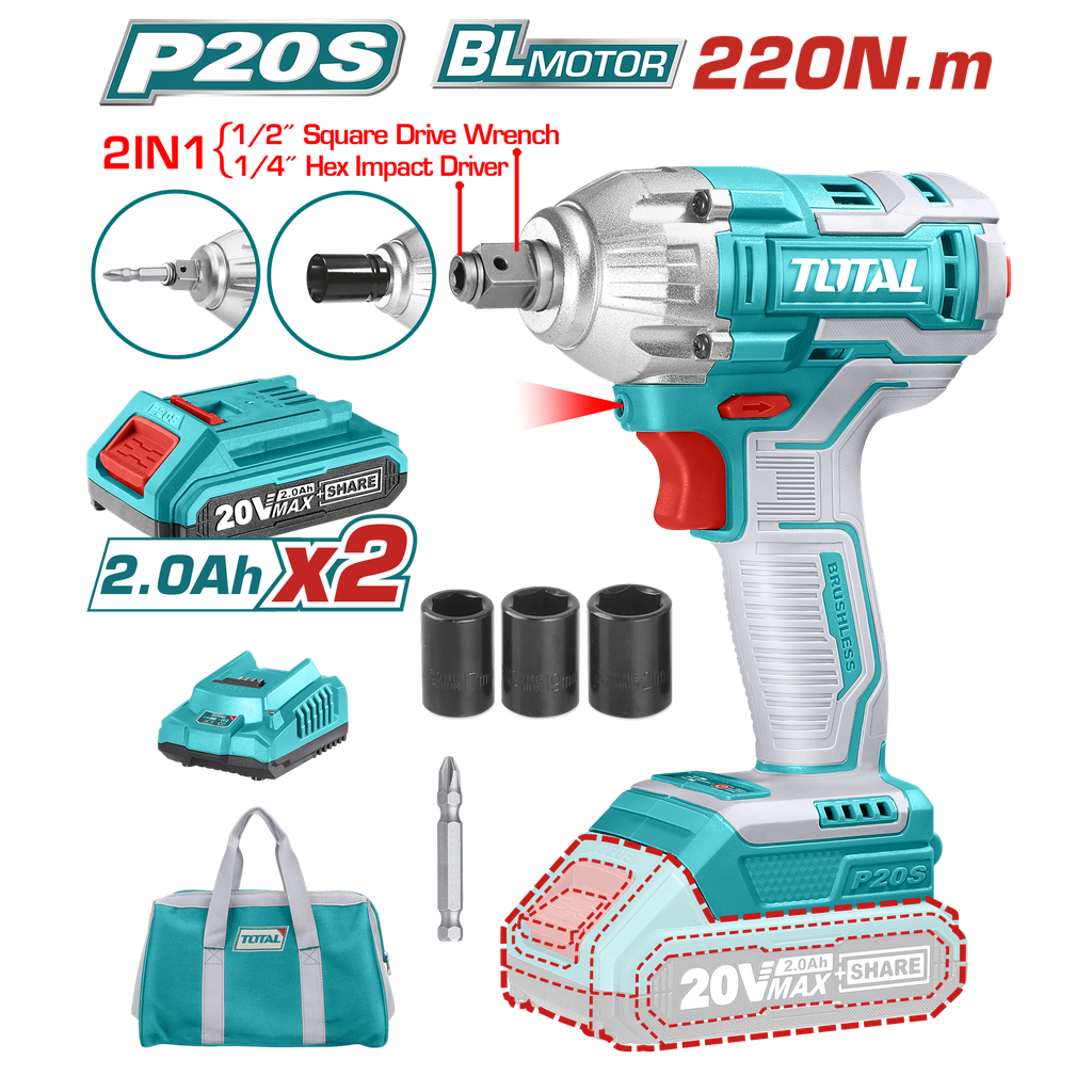 PISTOLA IMPACTO 1/2 20V 230 NM INCLUYE 2 BATERIAS 1 CARGADOR COPAS DE 171921 Y PUNTA DESTORNILLADOR TOTAL(UTIWLI20236)