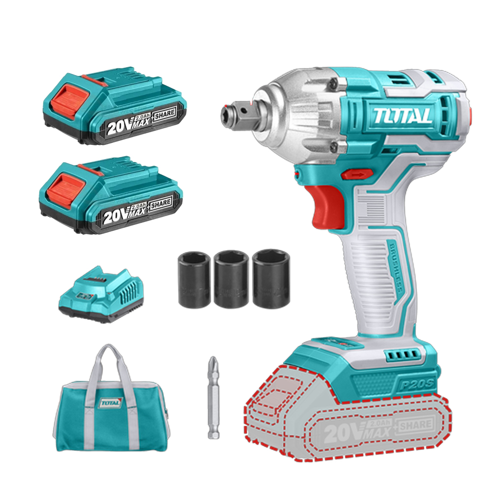 PISTOLA IMPACTO 20V 230 N.M INCLUYE 2 BATERIAS 1 CARGADOR COPAS DE 171921 Y PUNTA DESTORNILLADOR TOTAL(UTIWLI20208)