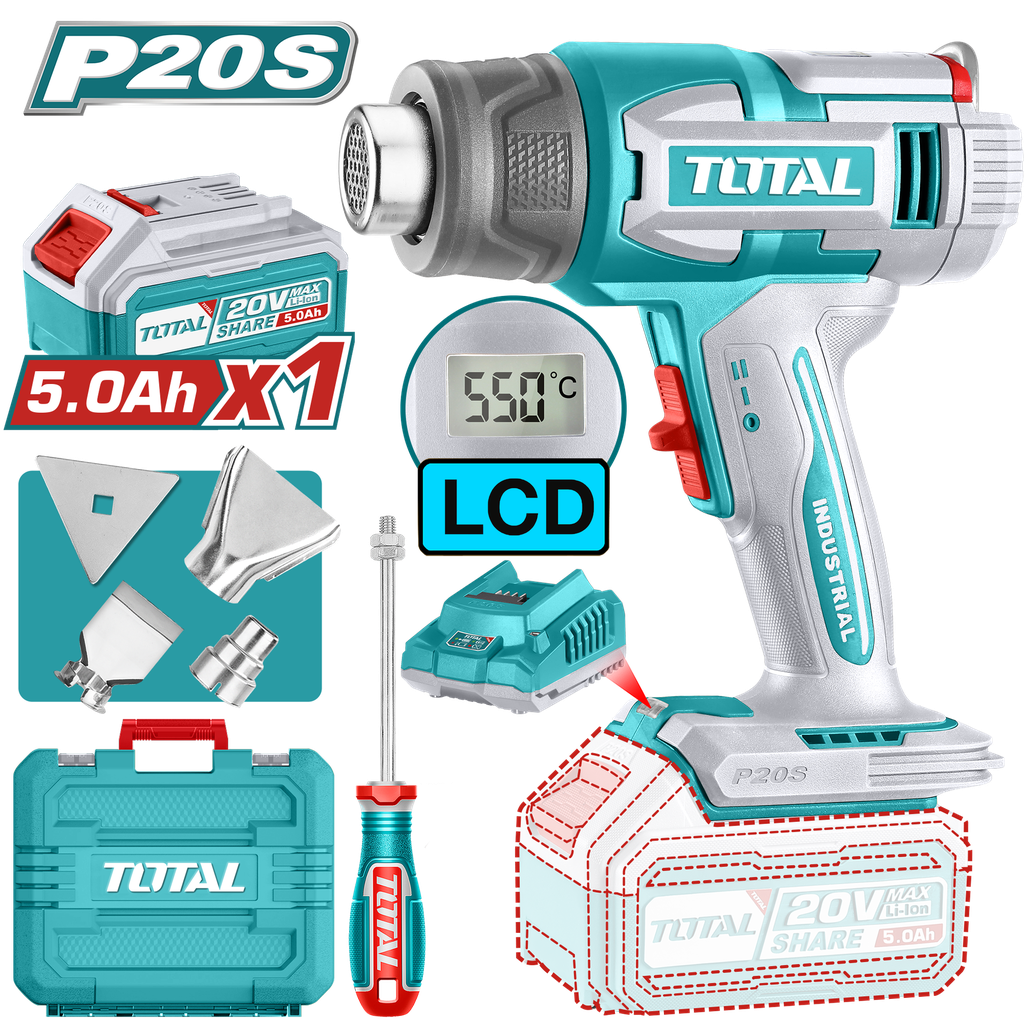 PISTOLA CALOR INALAMBRICA  20V CON TEMPERATURA AJUSTABLE PANTALLA LCD INCLUYE 4 BOQUILLAS 1 BATERIA 5.0AH Y 1 CARGADOR INDUSTRIAL SUPER TOTAL (UTBLI20035)
