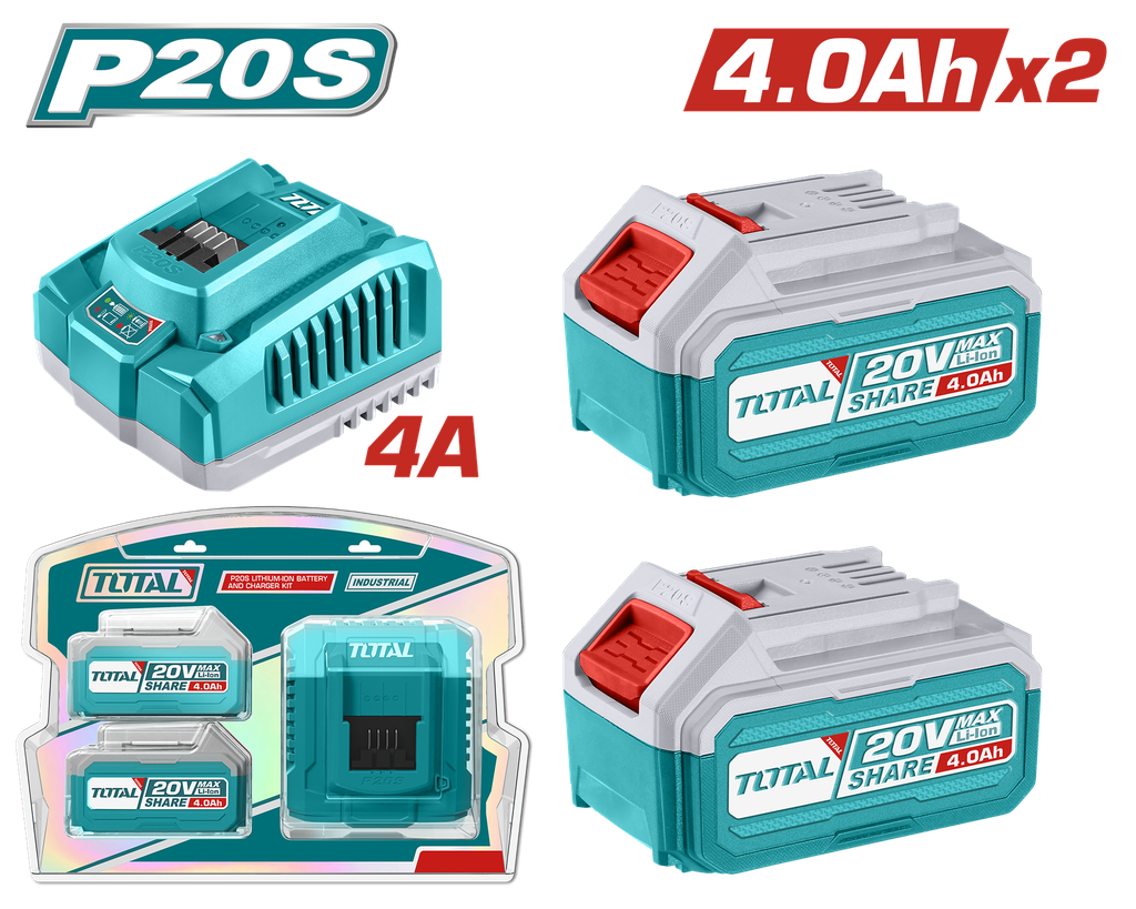 KIT DE 2 BATERIAS 4.0AH + CARGADOR DE 20V INDUSTRIAL SUPER TOTAL (UTFBCPK1424)