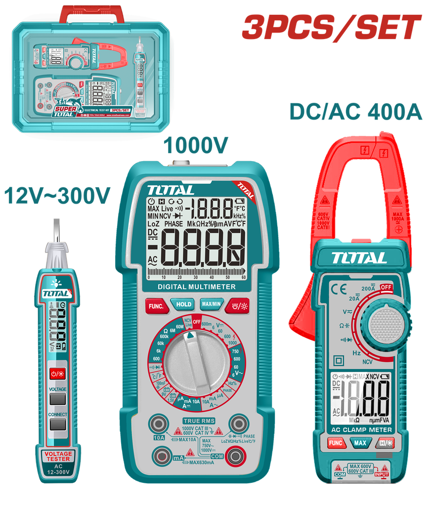 KIT MEDIDOR DE CORRIENTE DIGITAL INCLUYE PROBADOR - TESTER - PINZA SUPER  TOTAL (TOS24067)