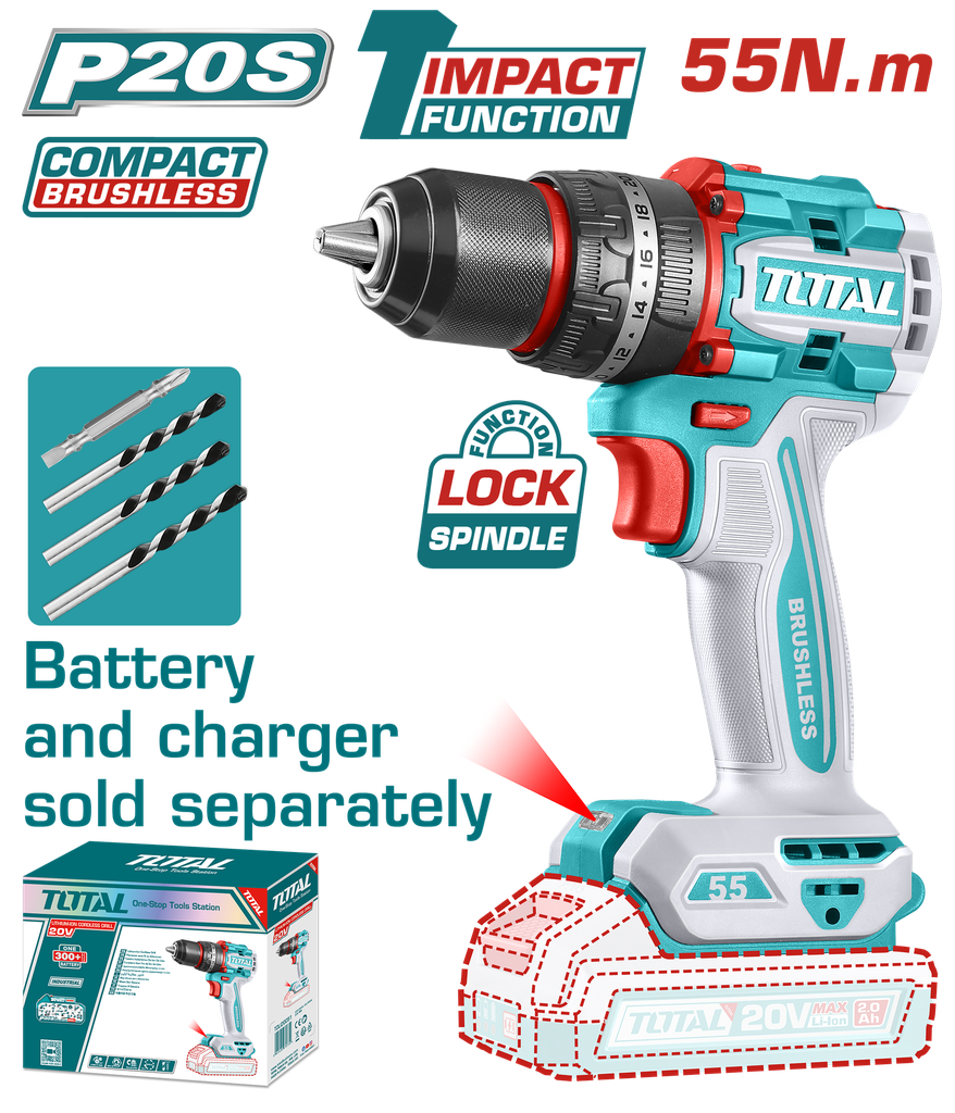 TALADRO INALAMBRICO PERCUTOR  1/2" 20V 55 N.M CARGADOR Y BATERIA NO INCLUIDO SUPER TOTAL (TIDLI205581)