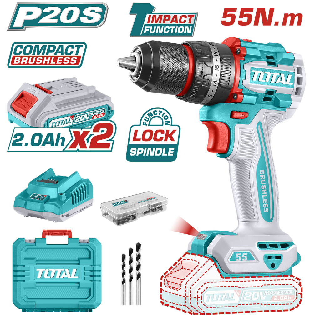 TALADRO DE INALAMBRICO  PERCUTOR 1/2 20V 55 N.M INCLUYE 2 BATERIA DE 2.0AH, CARGADOR,47 ACCESORIOS,3 BROCAS CONCRETO INDUSTRIAL SUPER TOTAL (UTIDLI20558)