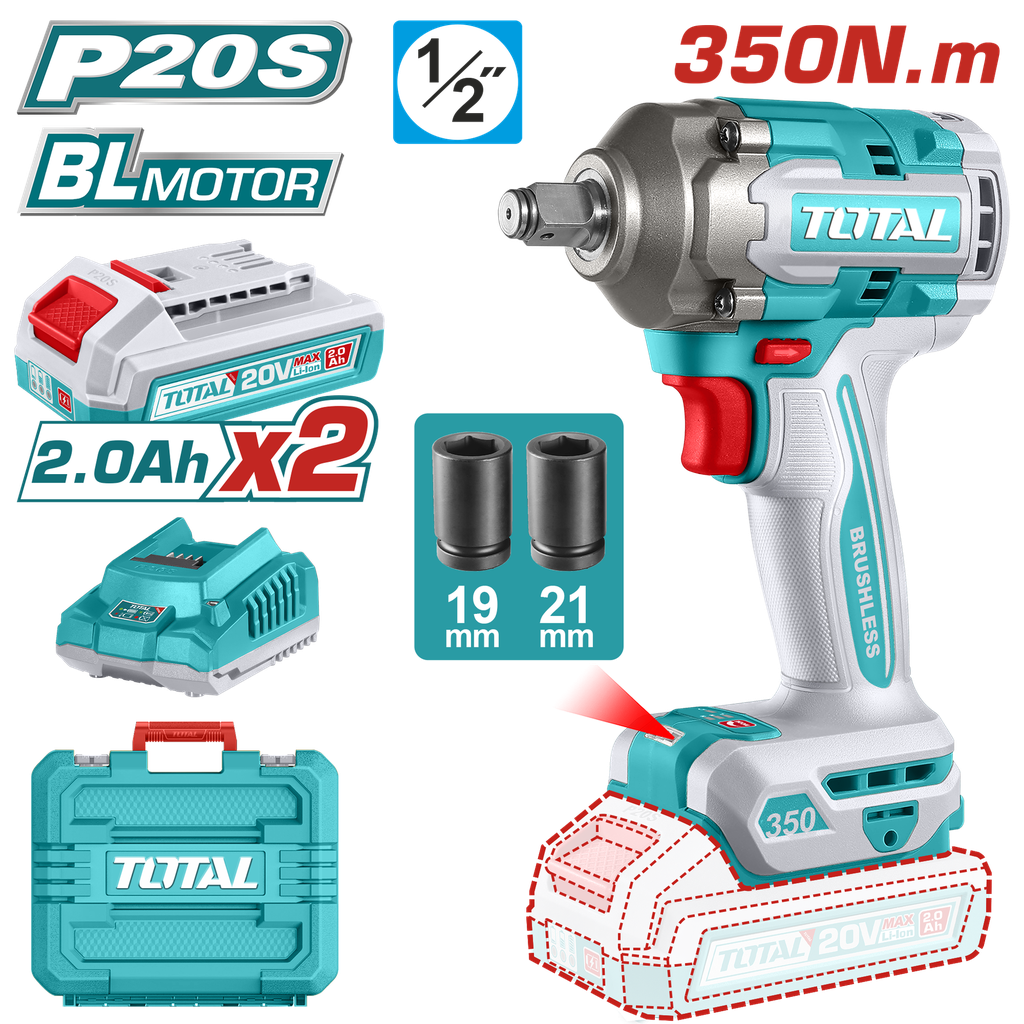 PISTOLA IMPACTO INALAMBRICO 1/2 20V 350 NM INCLUYE 2 BATERIAS 1 CARGADOR Y 2 COPAS ,19,21 MM INDUSTRIAL SUPER TOTAL (UTIWLI2035)